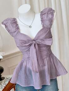 Modelyn Women's Casual Knotted Sweetheart Neck Ruffle Hem Blouse, Summer - Mauve Purple - View 2