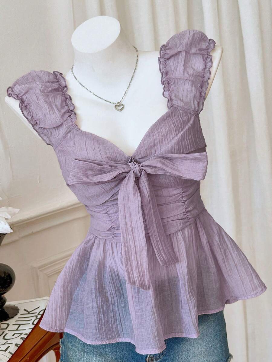 Modelyn Áo kiểu nữ thường ngày cổ trái tim thắt nút, viền bèo nhún, thích hợp cho mùa hè. - Màu tím hoa cà - Xem 1