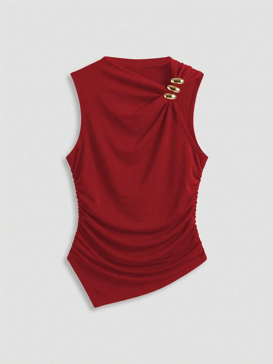 Lumivelle Áo hai dây dáng ôm, thời trang thường ngày, có trang trí kim loại và xếp ly ở eo. - Màu Đỏ Sâu - Xem 1