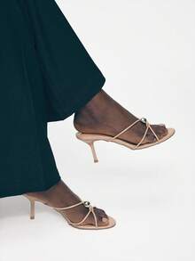 Mnmlis 优雅绑带高跟凉鞋，饰有金色圆球，适合晚宴、婚礼、夏季春季穿着，交叉绑带设计，圣诞节适用。 - 杏色 - 查看 4