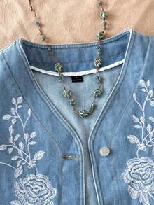 Soleia Women's Floral Embroidered Sleeveless Denim Blouse - Medium Wash - View 3