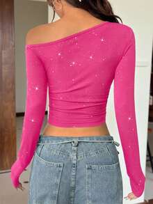 SHEIN EZwear Rose Red Women's New Oblique Shoulder Ruched Long Sleeve T-Shirt - Hot Pink - View 2