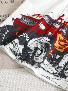 SHEIN 1 Peça Camisa de Manga Curta com Estampa de Carro Cartoon Macia, Versátil, Estilosa e Confortável para Meninos Jovens, Adequada para Primavera/Verão - Branco - Visão 7