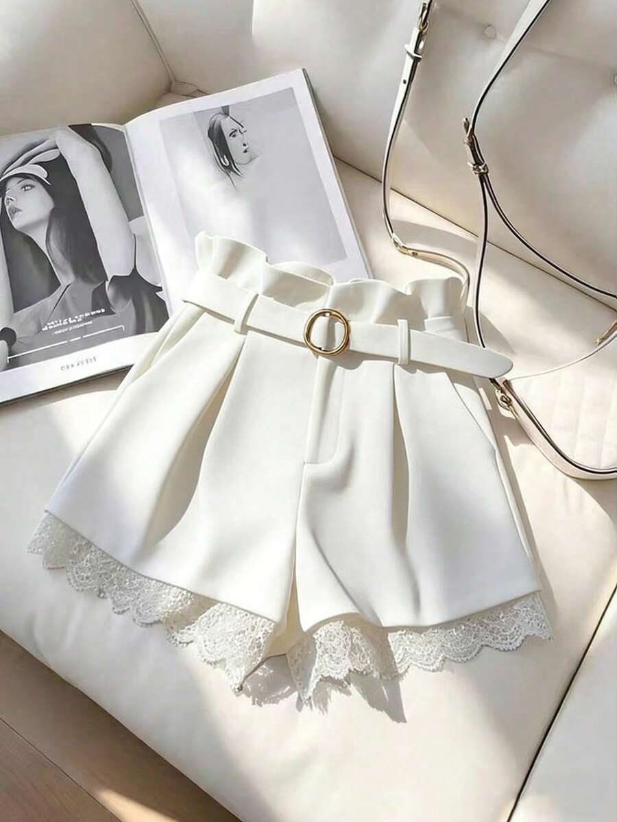 GlowEve 女士休闲日常通勤纯色纸袋腰褶皱宽松短裤，夏季 - 白色 - 查看 1