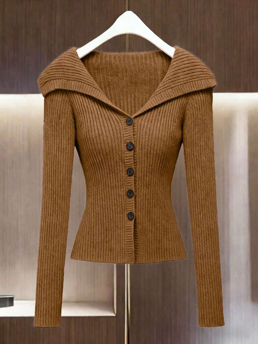 GlowEve Áo cardigan dài tay màu đen cổ bẻ, thắt eo, chất liệu vải gân mịn, đa năng cho cả mặc hàng ngày và hoạt động ngoài trời, thích hợp cho mùa xuân và mùa thu. - Màu Khaki - Xem 1