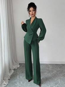 Elenzga 女士优雅休闲通勤度假下午茶聚会纯色不对称交叉领西装外套，灯笼袖搭配松紧腰喇叭裤，适合春、秋、冬季穿着。 - 墨綠色 - 查看 4