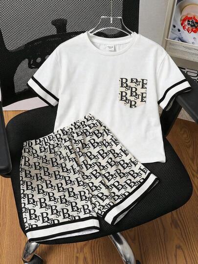SHEIN 2pcs Young Boy Casual Printed Pocket Round Neck Contrast Trim Short Sleeve T-Shirt And Printed Shorts Knit Set  Boy Summer Sets 2 Piece Short Set Boy 2 Piece Set Boy Outfits Toddler Boy Clothes