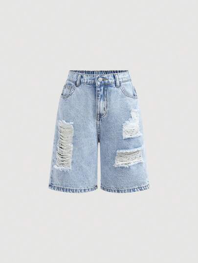 SHEIN Shorts en jean délavé bleu clair ample et ample à taille haute pour filles pré-adolescentes, style décontracté Y2K vintage cool streetwear. Tenues d'été pour concert, rave, festival, remise des diplômes, brunch, vacances à la plage, concert country pour filles pré-adolescentes