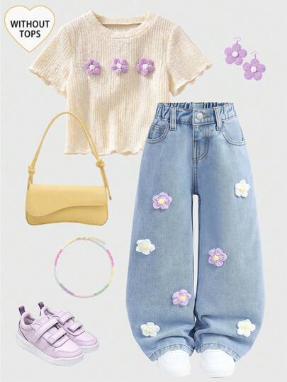 SHEIN بنطلون جينز أزرق فضفاض مع تريكو ملون بالزهور للفتيات الصغيرات