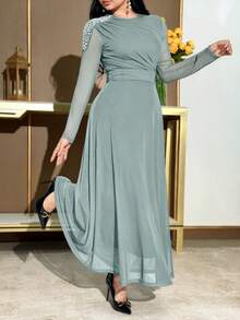Modelyn 女士优雅仿珍珠装饰收腰长袖连衣裙，秋季 - 薄荷藍 - 查看 4