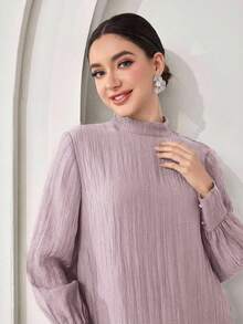 Veilorie Women's Solid Color Stand Collar Ruffle Hem Elegant Long Sleeve Dress - Lilac Purple - View 5