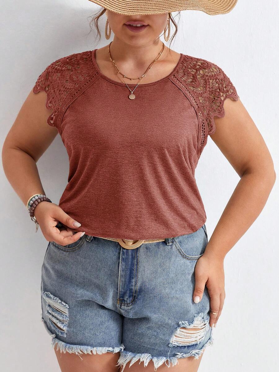 SHEIN Frenchy Áo thun nữ cỡ lớn tay raglan phối ren tương phản cổ tròn thanh lịch - trái cam - Xem 1