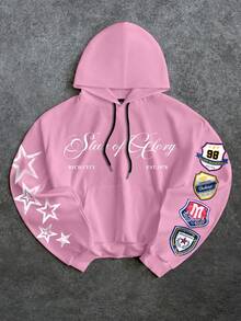 Manfinity EMRG Men's Casual Letter & Star Print Drawstring Hoodie Sweatshirt, Autumn - Pink - View 2