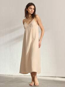 Ocili Women's Solid Color Backless Camisole Dress Sleepwear - Khaki - View 4
