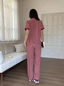 SHEIN Napfluff 优雅高端红色格子刺绣蝴蝶结泡泡褶睡衣套装，适合外穿 - 彩色 - 查看 3