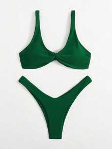 Swim Vcay Summer Beach Twist High Cut Bikini Set - Green - View 3
