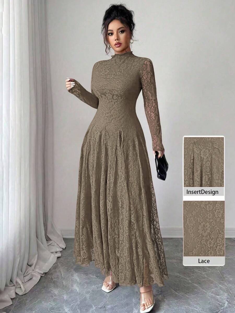 Modelyn Women's Lace Trim Mock Neck Waist Cinched Slim Fit Dress - Khaki - View 1