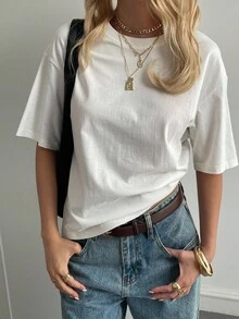 Livesso Blusa holgada y casual de cuello redondo, de manga corta básica, para otoño/invierno - Blanco - Ver 4