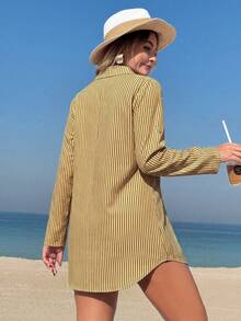 Swim Vcay Beach Dresses For Women Women's Mid-Length Striped Shirt Dress With Cuffed Sleeves Summer - Yellow - View 2