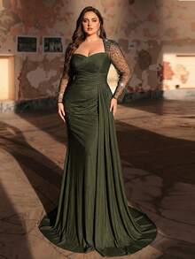 Glamrae Plus Size Elegant Luxurious Diamond Design Sheer Long Sleeve Ruched Mermaid Dress, Suitable For Weddings, Parties, Vacations, Bridal Shower, Mother Of The Bride Gowns - Green - View 7