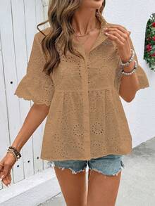 Breezaya Embroidered Shirt, Open Front Shirt, Embroidered Placket Shirt, Casual Shirt - Khaki - View 3