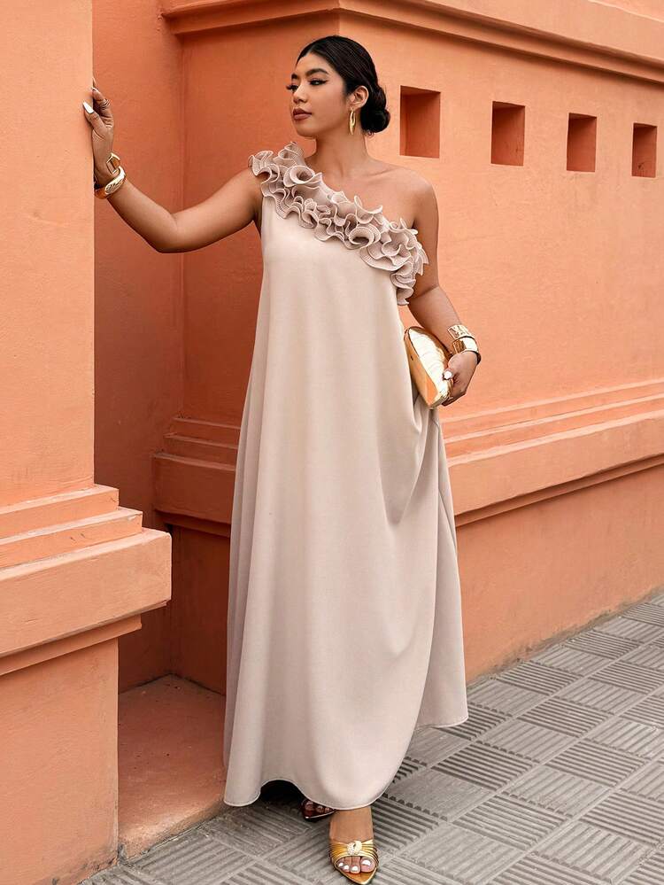Selianne Vestido de vacaciones de línea A con hombro asimétrico casual para mujer de talla grande, primavera/verano - Albaricoque - Añade 7