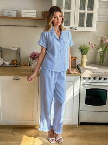 Snug Reverie Women's Casual Striped Shirt Collar, Sleeve, Pant Hem Ruffle Trim Pajama Set - Blue and White - View 4