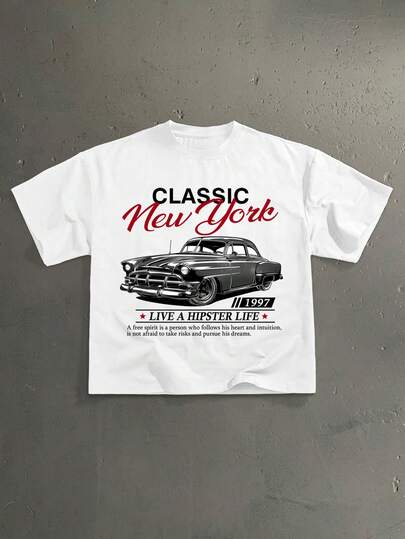 StoneGrade Vintage American Car Poster Slogan Fashion Print Men's Oversized White Short Sleeve T-Shirt, Essential For Dates And Gatherings, Fashionable Outfit, Suitable As Gift For Boyfriend