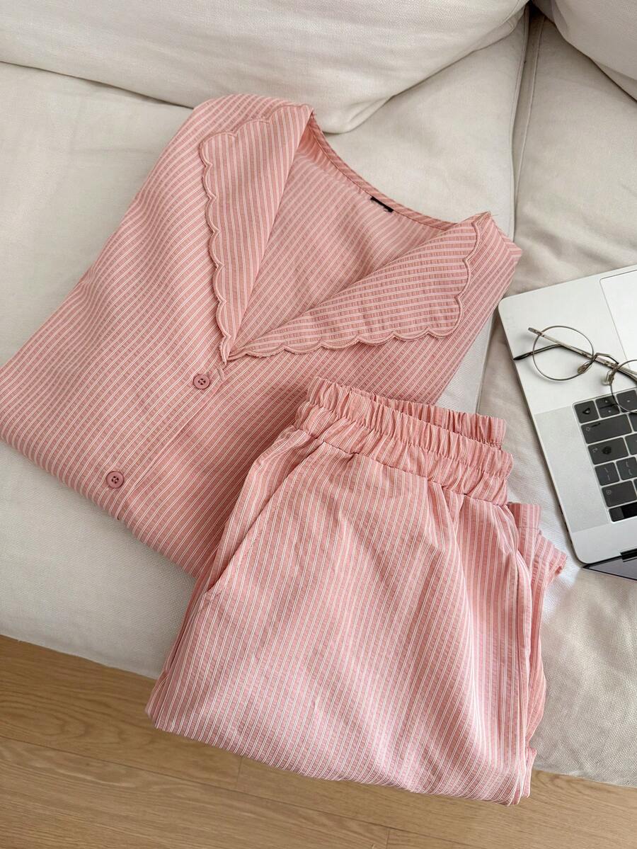 DAZY 2pcs Women Striped Textured Fabric Embroidered Ruffle Trim Puff Sleeve Pajama Set - Pink - View 1