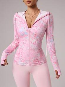 SHEIN 女士修身扎染波浪印花瑜伽运动夹克 - 粉色 - 查看 6