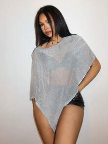SHEIN Slayr Spring/Summer Sequin Asymmetrical Loose Shawl Poncho Top, Suitable For Vacation, Beach Party, Birthday, Cocktail, Valentine's Day, Halloween, Christmas, Wedding - Grey - View 6