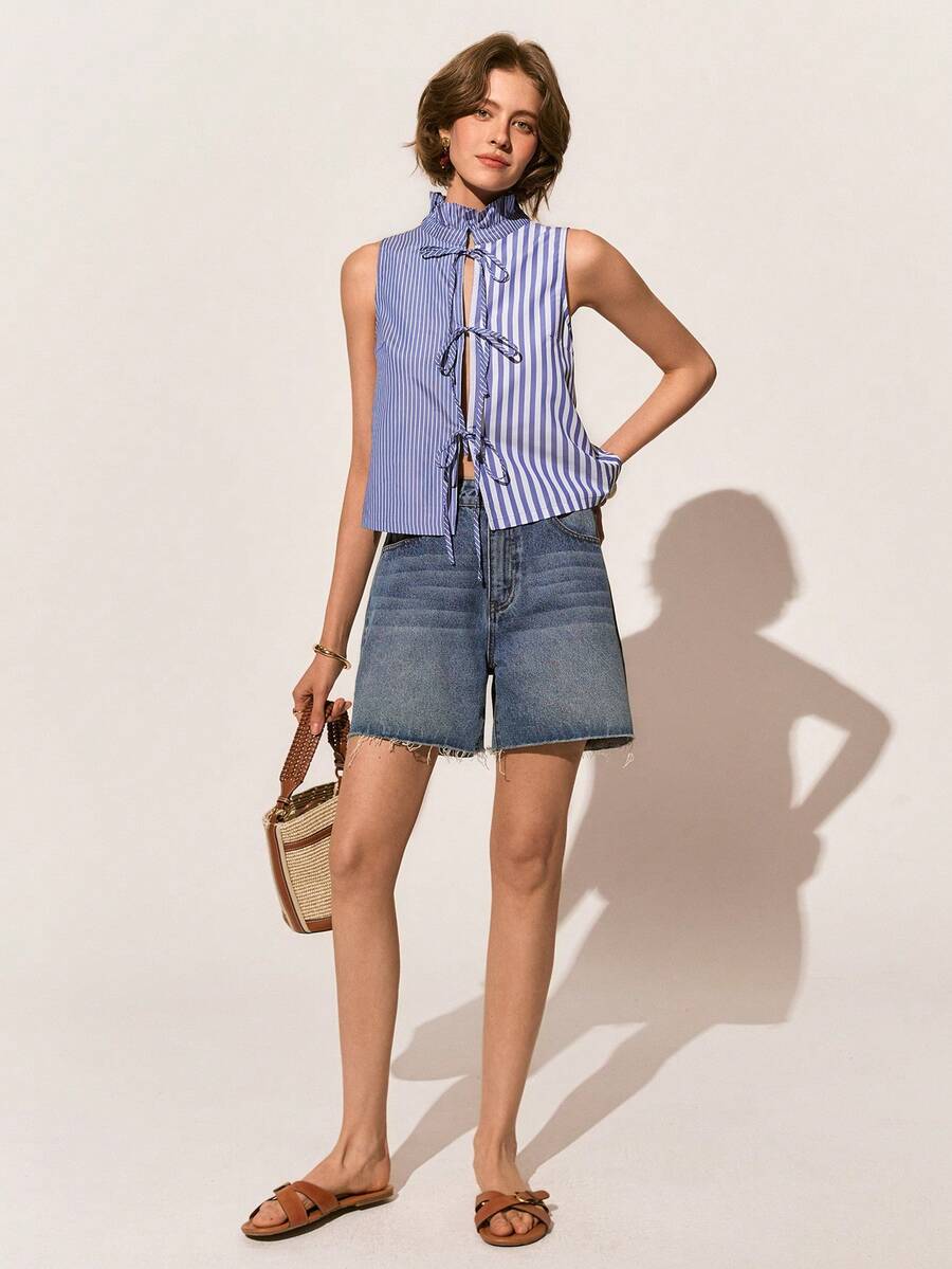 Poéselle Women's Striped Front Tie Frill Trim Stand Collar Fashion Camisole - Blue - View 1