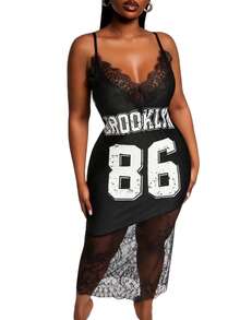 SHEIN SXY Sexy Patchwork Letter Pattern Plus Size Cami Dress Long Sleeveless Spaghetti Strap Knitted Fabric Dress - Multicolor - View 7