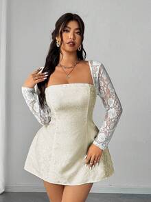 Elenzga 大码女士优雅约会之夜方领露背系带蕾丝拼接修身连衣裙 - 淡黃色 - 查看 4