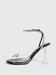CUCCOO SZL Women's Fashionable & Elegant Commuter Rhinestone Bow Decor Heeled Sandals Valentine's Day - Black - View 9