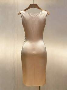 Franclia Champagne Gold Satin Draped Neck Sleeveless Bodycon Dress - Apricot - View 2