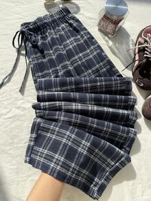 SHEIN EZwear 加大码女式格子裤，黑白格子松紧腰带口袋阔腿休闲宽松裤，女式冬季服装 - 彩色 - 查看 11