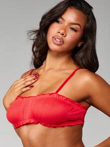 MISSGUIDED 镂空纹理荷叶边装饰文胸和丁字裤套装，适合私密场合的内衣 - 紅色 - 查看 4