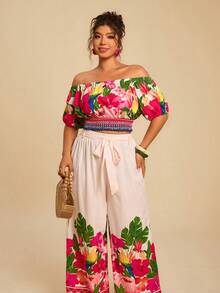 SHEIN VCAY 大码露肩短袖上衣和宽松长裤两件套 - 彩色 - 查看 6