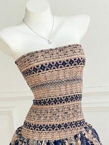 Elamini Women's Floral Print Ruffle Hem Strapless Mini Dress, Vacation Style - Navy Blue - View 4