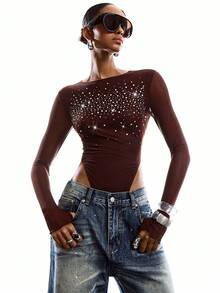 LYSMO 女士水钻装饰圆领修身连体衣，长袖 - 卡其色 - 查看 3