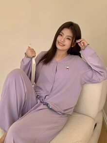 Dazy Plus 2pcs/Set Solid Color Cartoon Print Loose Long Sleeve Top And Long Pants Pajama Set, Purple Plus Size Women Spring/Autumn - Purple - View 1