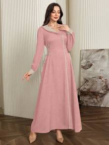 Modelyn Vestido elegante con cordón ajustable en la cintura y tirantes delgados con ribete de color contrastante - Rosa - Ver 5