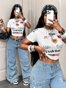 BamGleam Women's Round Neck Letter & Number Print Casual Versatile Daily Wear Short Sleeve T-Shirt - White - View 1