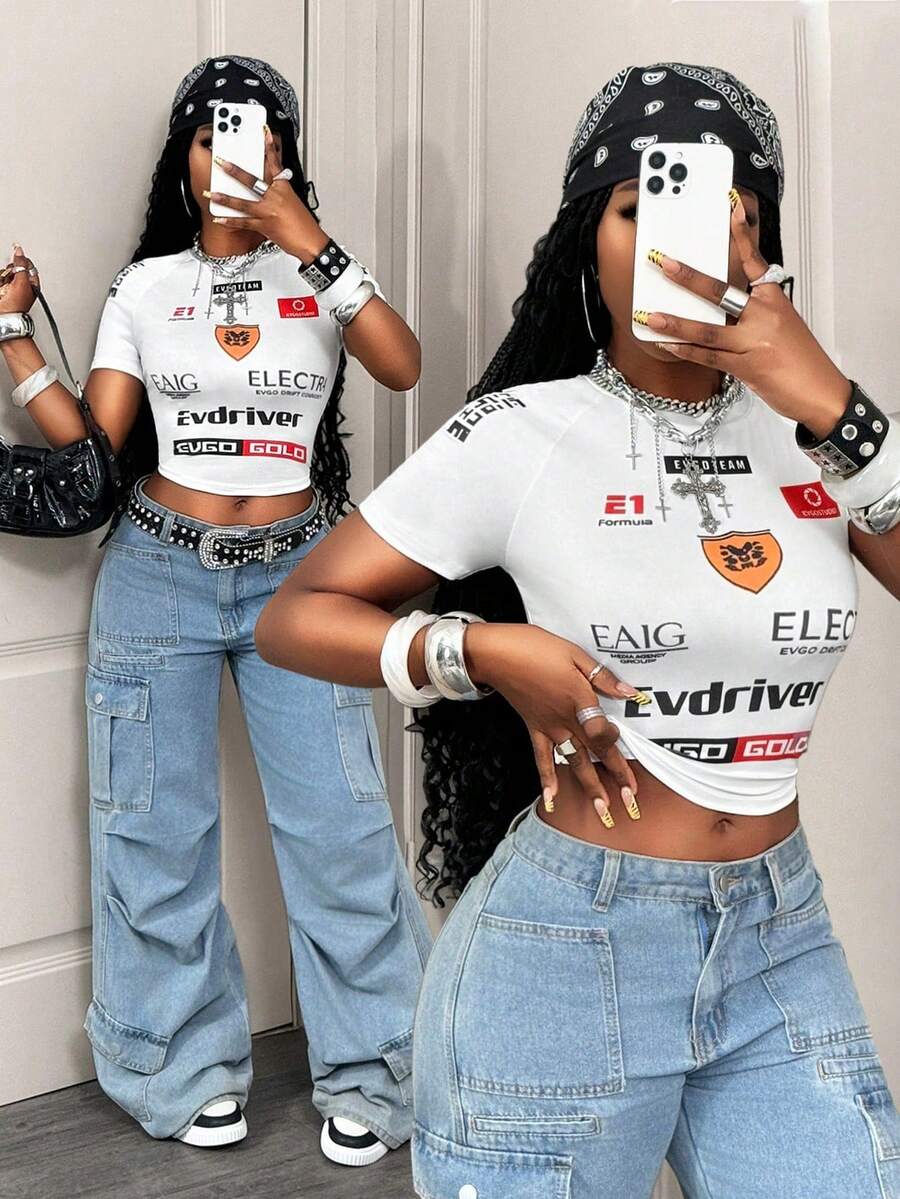 BamGleam Women's Round Neck Letter & Number Print Casual Versatile Daily Wear Short Sleeve T-Shirt - White - View 1