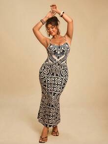 Travachic 大码女式非洲几何图案吊带针织连衣裙配网纱披肩两件套 - 黑與白 - 查看 4