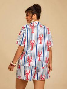 Travachic Bộ đồ thể thao 2 mảnh dành cho nữ cỡ lớn, họa tiết sọc, cổ ve áo, in hình tôm hùm, gồm áo ngắn tay cài cúc và quần short, thích hợp cho kỳ nghỉ. - Xanh và trắng - Xem 3