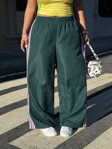 SHEIN EZwear 大码侧条纹印花弹力腰休闲裤 - 綠色 - 查看 3