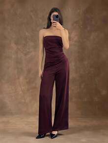 SHEIN Tall 春夏优雅通勤缎面酒红色不对称下摆抹胸上衣搭配简约宽松阔腿裤套装，优雅套装，新年女装，优雅女士套装，酒红色套装，酒红色套装，派对装，圣诞装，秋季女装 - 酒紅色 - 查看 4