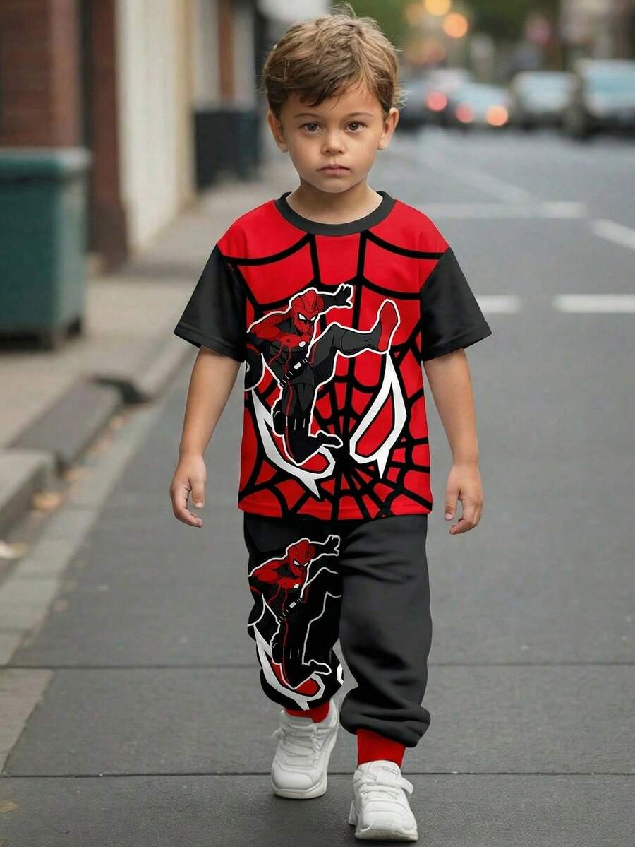 SHEIN 2件套男童休闲简约经典时尚酷炫蜘蛛印花运动撞色宽松舒适圆领短袖T恤和短裤，适合春夏穿着 - 彩色 - 查看 1